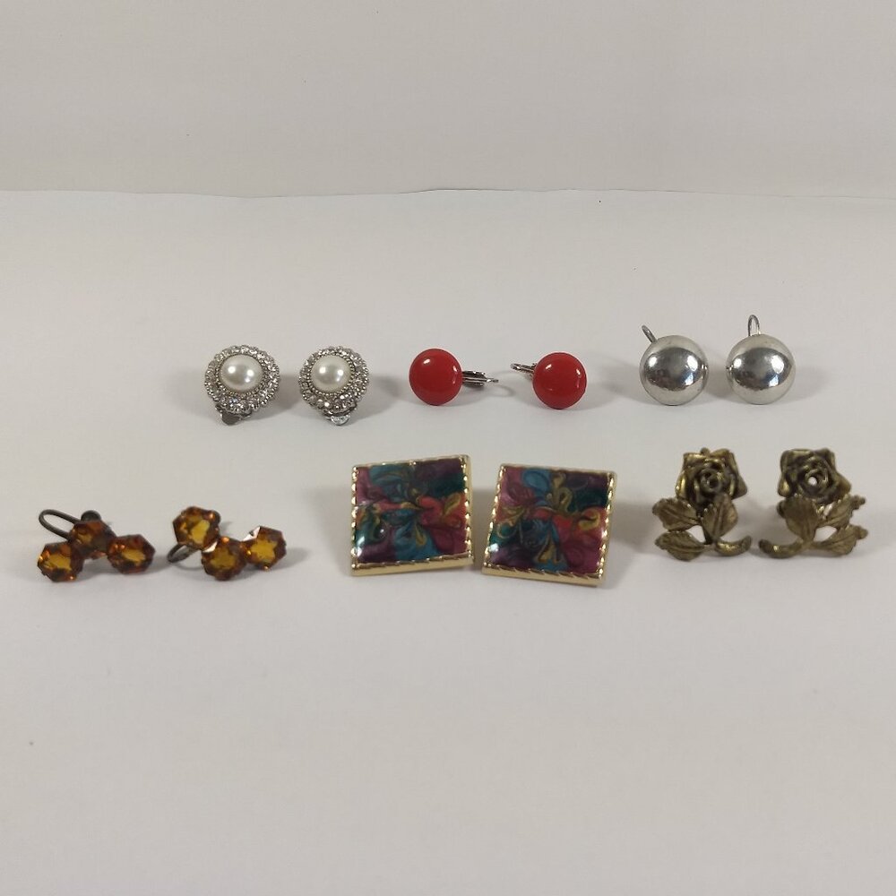 Clip On Earring Lot 6 Variety Colors Styles Screwback Hinged Fashion Jewelry